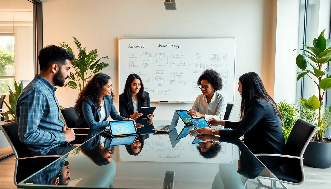 diverse team discussing technology in a modern office setting.